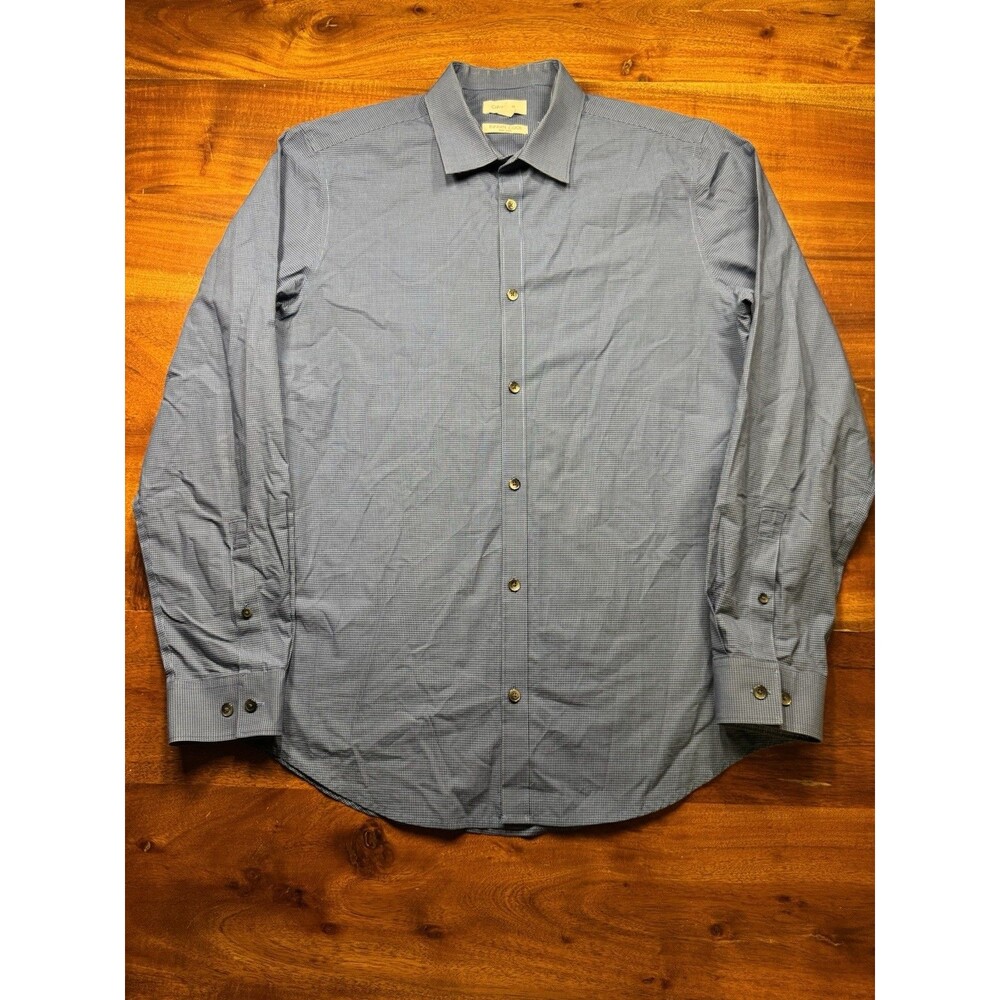 Calvin Klein Infinite Cool Dress Shirt Mens Medium M Blue Check Non Iron Cotton